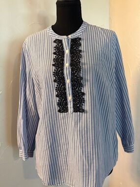 The Limited Blue & White Striped Button-Down with Black Lace Trim